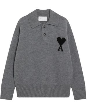 Ami Paris Ami De Coeur Wool Polo Shirt - Gray