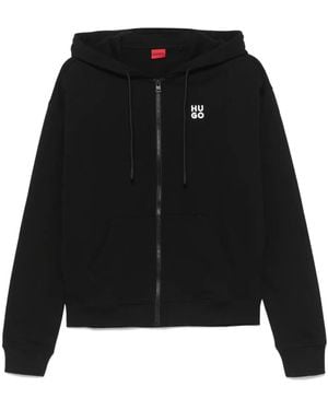 HUGO Logo-Embroidered Cotton Hoodie - Black
