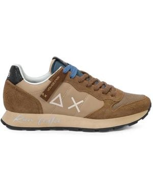 Sun 68 Logo-Embroidered Panelled Trainers - Brown