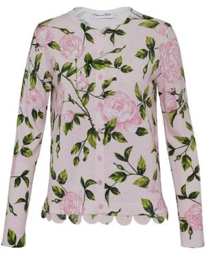 Oscar de la Renta Rose-Print Scallop-Hem Cardigan - White