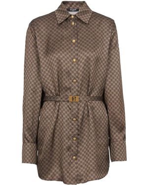 Balmain モノグラム シルクシャツ - ブラウン