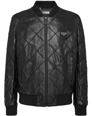 Philipp Plein Quilted Leather Bomber Jacket - Black