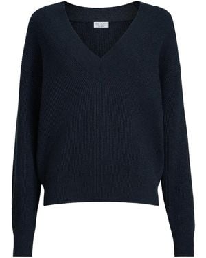 Brunello Cucinelli Sparkling-Detail Ribbed V-Neck Jumper - Blue