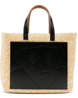 Plan C Small Florentine Logo-Patch Straw Tote Bag - Black