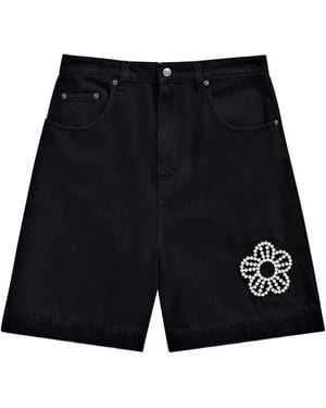 Area Crystal-Flower Denim Shorts - Black
