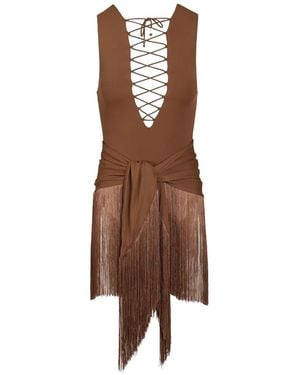 Taller Marmo Sahara Lace-Up Fringed Swimsuit - Brown