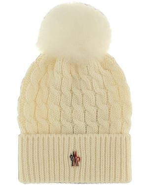 Moncler Cable-Knit Pompom Beanie Hat - White