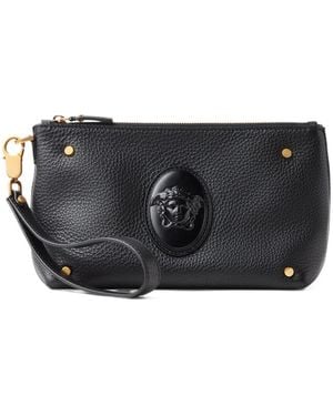 Versace Medusa-Plaque Grained-Leather Clutch Bag - Black