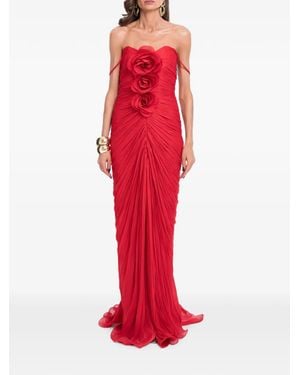 Ana Radu Floral-Applique Ruched Maxi Dress - Red