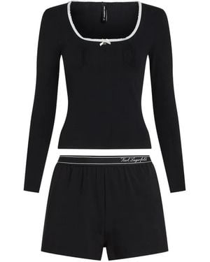 KARL LAGERFELD Pyjama En Maille Pointelle À Finitions En Dentelle - Black