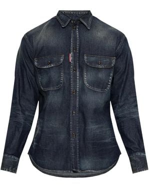 DSquared² Faded Leather-Patch Denim Shirt - Blue