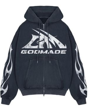 GODMADE Logo-Print Flame-Detail Hoodie - Blue