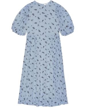 Ganni Puffed-Sleeve Floral Dress - Blue