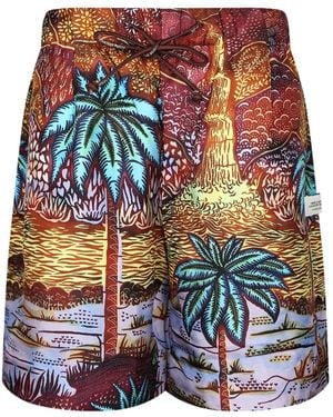 Atelier Vlisco Palm-Tree Print Drawstring Deck Shorts - Red