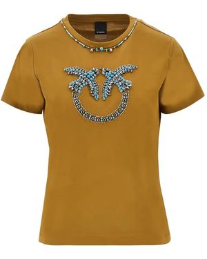 Pinko T-Shirt With Love Birds Jewel Maxi Embroidery - Yellow