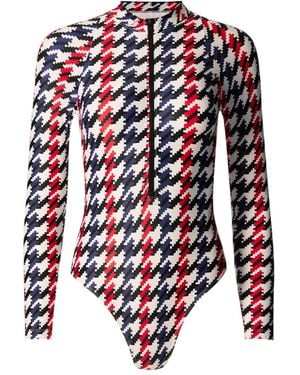 Perfect Moment Houndstooth Long-Sleeve Half-Zip Swimsuit - Blue