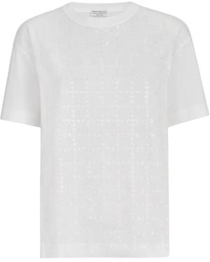 Brunello Cucinelli Cotton Jersey T-Shirt With Dazzling Windowpane Embroidery - White