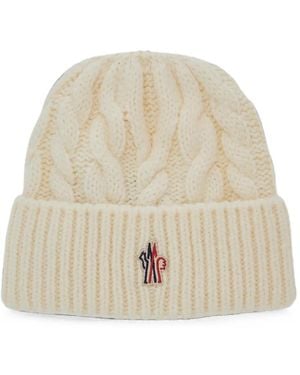 Moncler Cable-Knit Logo-Patch Beanie Hat - Natural