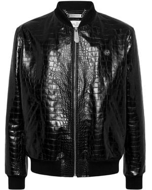 Philipp Plein Crocodile-Effect Leather Bomber Jacket - Black