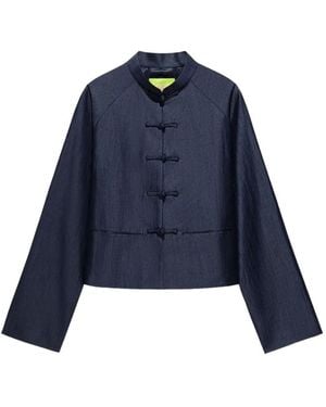 Shanghai Tang Frog-Button Cropped Jacket - Blue