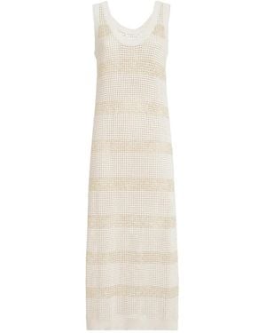 Brunello Cucinelli Cotton Mesh Knit Dress With Dazzling Stripes - White