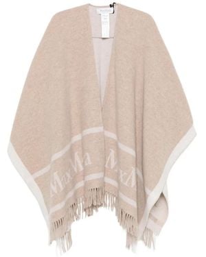 Max Mara Hilde Logo-Intarsia Fringed Cape - Natural