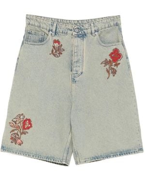 Drole de Monsieur Floral-Embroidered Denim Shorts - Grey