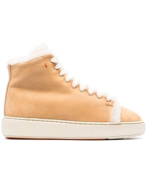 Santoni High-Top Sneakers With Shearling Accents And Side Zipper - Natural