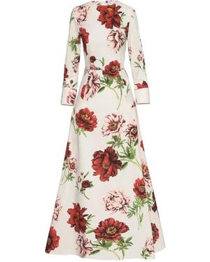 Oscar de la Renta Peony-Print Three-Quarter Sleeves Maxi Dress - White