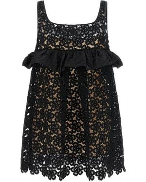 Miu Miu Floral-Macramé Ruffled Dress - Black