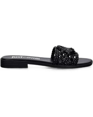 Just Cavalli Logo-Plaque Woven Flat Sandals - Black