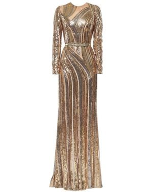 Elie Saab Robe Longue Ceinturée Brodée De Sequins - Natural