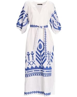 Greek Archaic Kori Feather-Chevron Embroidered Midi Dress - Blue