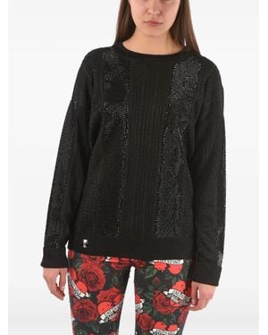 Philipp Plein Crystal-Embellished Cable-Knit Sweater - Black