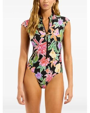 Seafolly Maillot De Bain Hothouse À Mancherons Et Imprimé Floral - Black