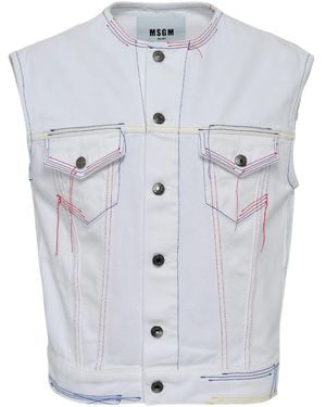 MSGM Contrast-Stitch Denim Vest - White