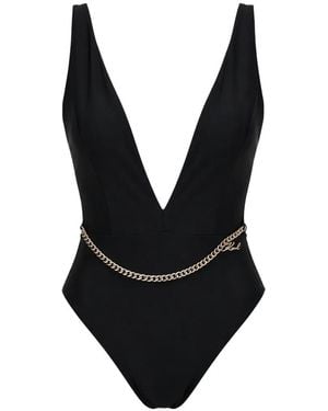 KARL LAGERFELD Chain-Belt Plunge-Neck Swimsuit - Black