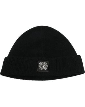 Stone Island Logo-Patch Ribbed-Trim Beanie Hat - Black