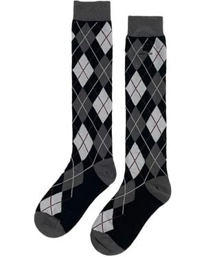 Pushbutton Argyle-Pattern Knee-High Socks - Black