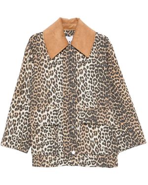 Ganni Corduroy-Collar Leopard-Print Coat - White