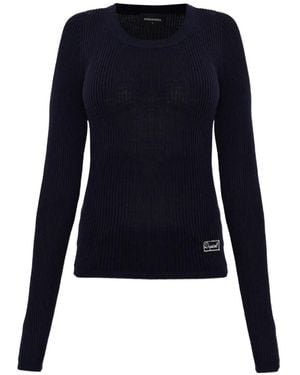 DSquared² Ribbed-Knit Logo-Patch Sweater - Blue