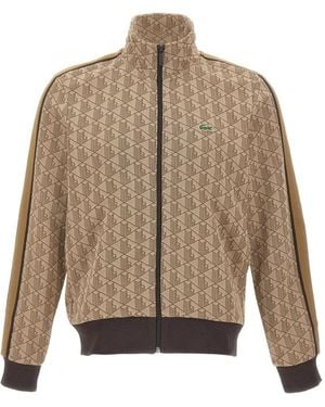 Lacoste Monogram Stripe-Detail Zip-Up Sweatshirt - Brown