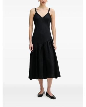 DKNY V-Neck Ruffled Midi Dress - Black
