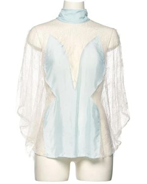 Pushbutton Lace Bow-Neck Blouse - Blue