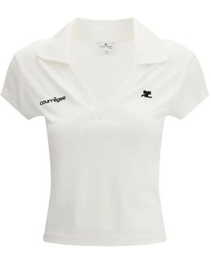 Courreges Logo-Print V-Neck Polo T-Shirt - White
