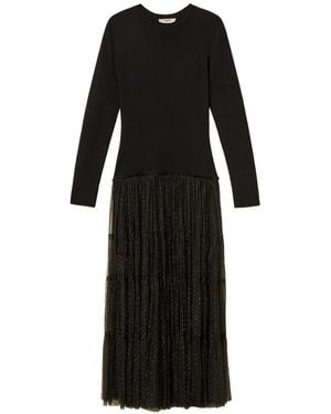 Twinset Long Knit Dress With Plumetis Tulle - Black