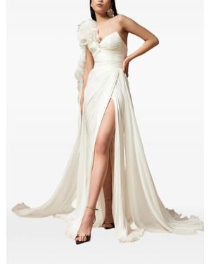 IRIS SERBAN Renee Floral-Appliqué One-Shoulder Gown - White