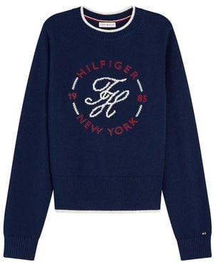 Tommy Hilfiger Logo-Embroidered Contrast-Trim Jumper - Blue
