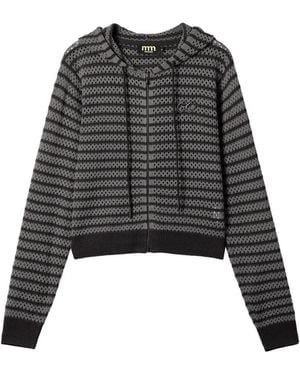 Mini Cream Cardigan A Righe Con Cappuccio - Nero