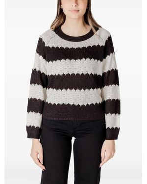 Jacqueline De Yong Stripe-Pattern Pointelle-Knit Sweater - Black